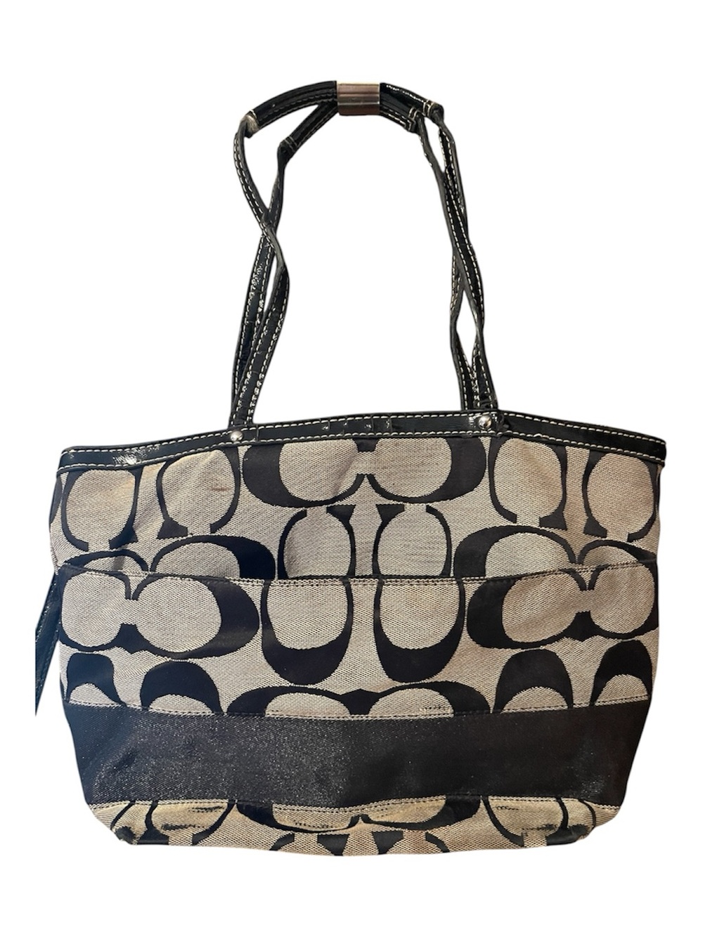 Coach 2012 Signature Canvas Tote Bag in Black and Khaki Rehab Hangtag & Charm
